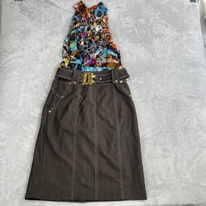 Cache Contour Abstract Silk Halter Midi Dress 12 Brown Women Gold Buckle Glam